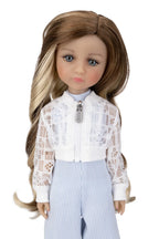 Doll with long brown hair wearing a white lace blouse and light blue striped pants on a white background