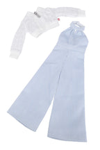 Light blue ribbed jumpsuit with a white top on a white background