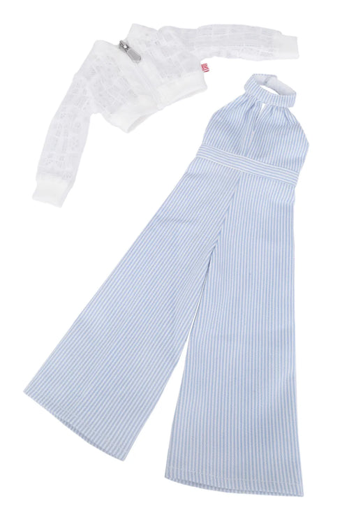 Light blue ribbed jumpsuit with a white top on a white background