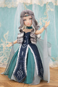 Doll with long gray hair and a blue and gray dress against a decorative background