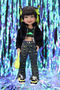 Doll with modern outfit against a colorful, abstract background