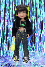 Doll with modern outfit against a colorful, abstract background