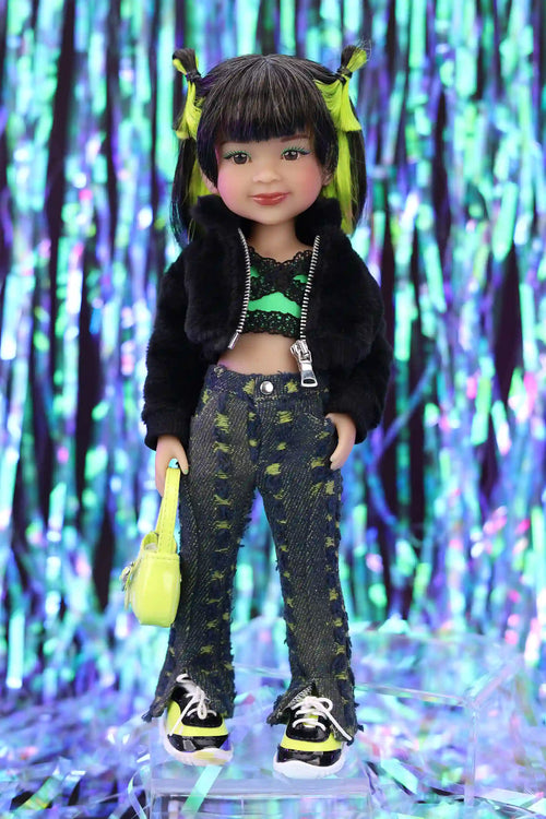 Doll with modern outfit against a colorful, abstract background
