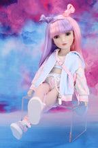 Doll with pastel-colored hair and outfit sitting on a clear chair against a colorful background