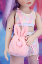 Doll with a pink backpack and colorful outfit against a gradient background