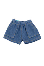 Blue doll denim shorts on a white background