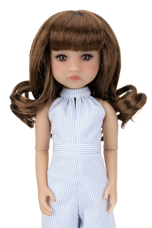 Doll with brown hair wearing a light blue striped outfit on a white background