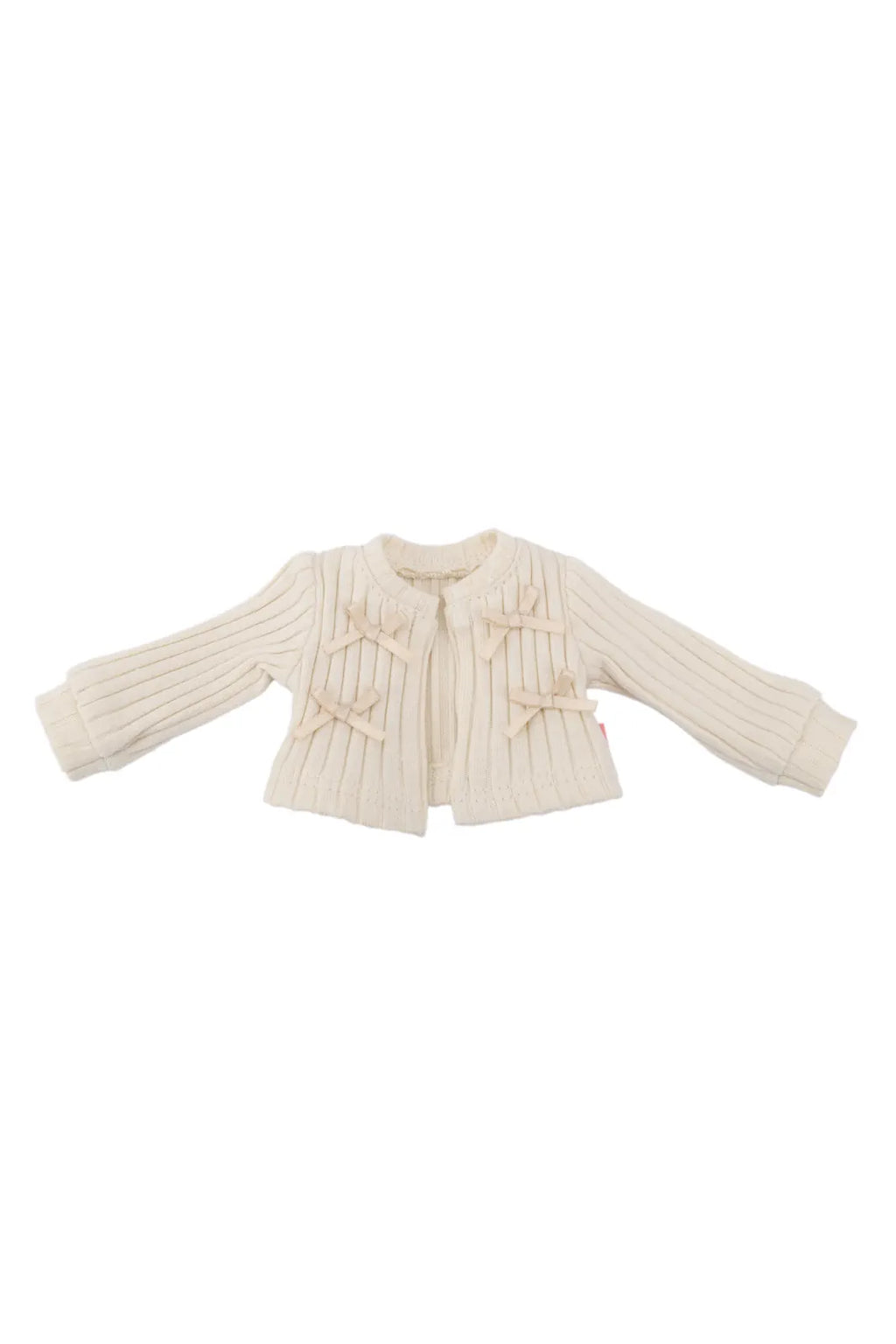 Cream-colored ribbed knit doll cardigan on a white background