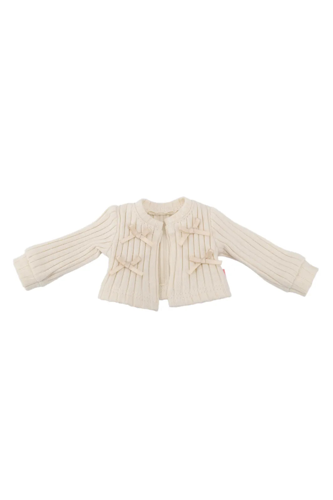 Cream-colored ribbed knit doll cardigan on a white background