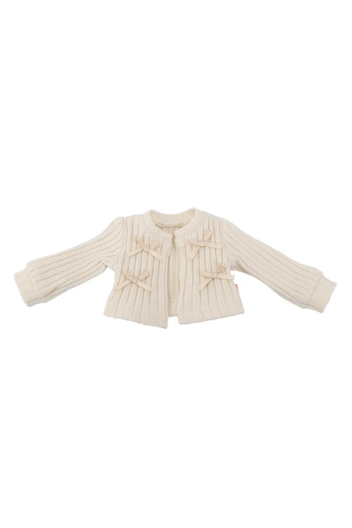 Cream-colored ribbed knit doll cardigan on a white background