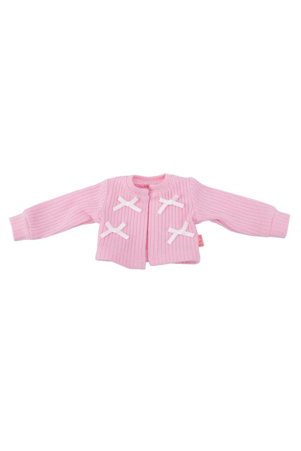 Pink doll cardigan with white cross patterns on a white background