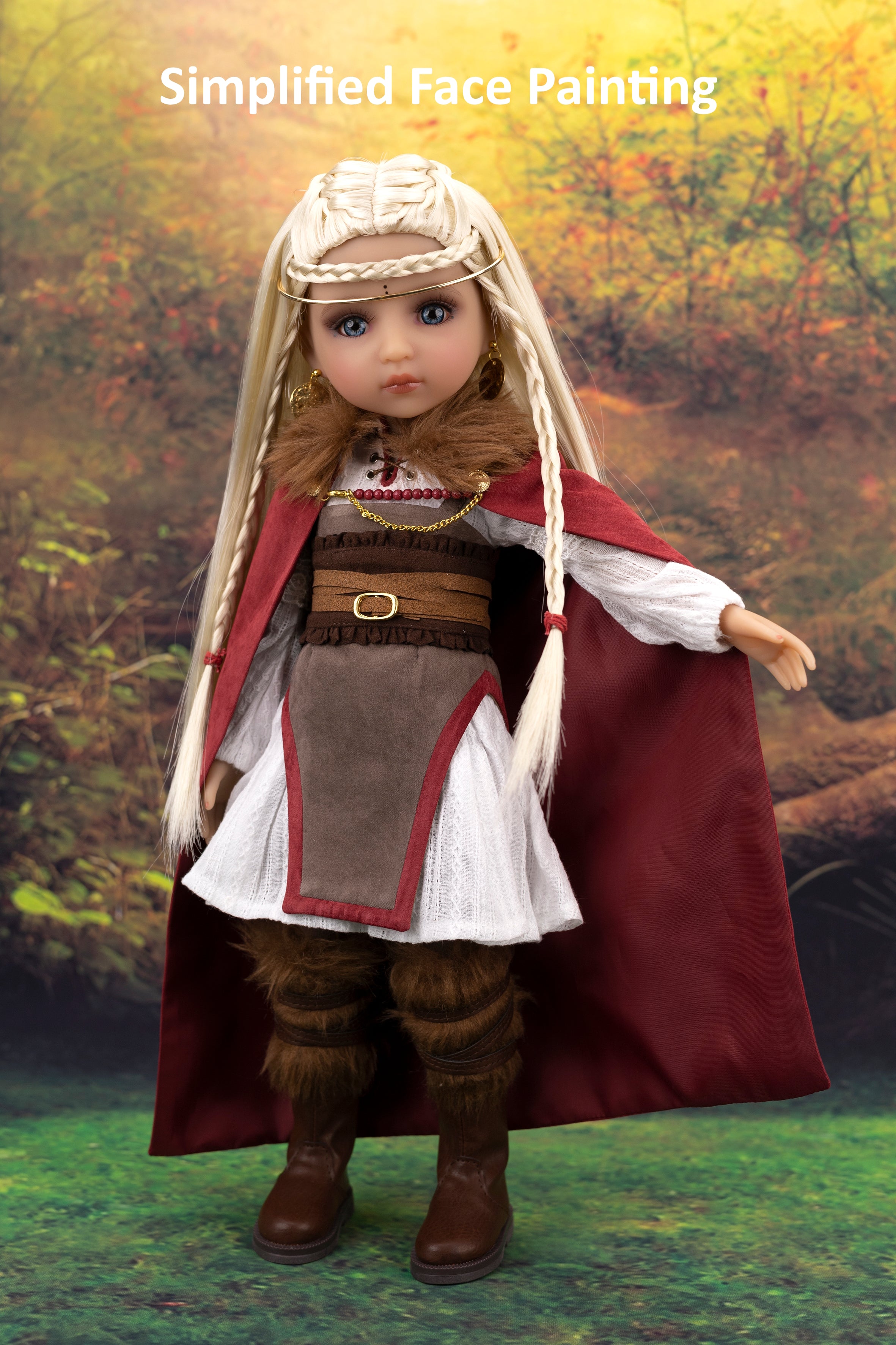 Doll in historical costume with Simplified Face Painting text