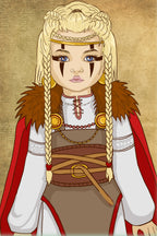 Animated character in warrior attire with braided hair and a red cape on a beige background