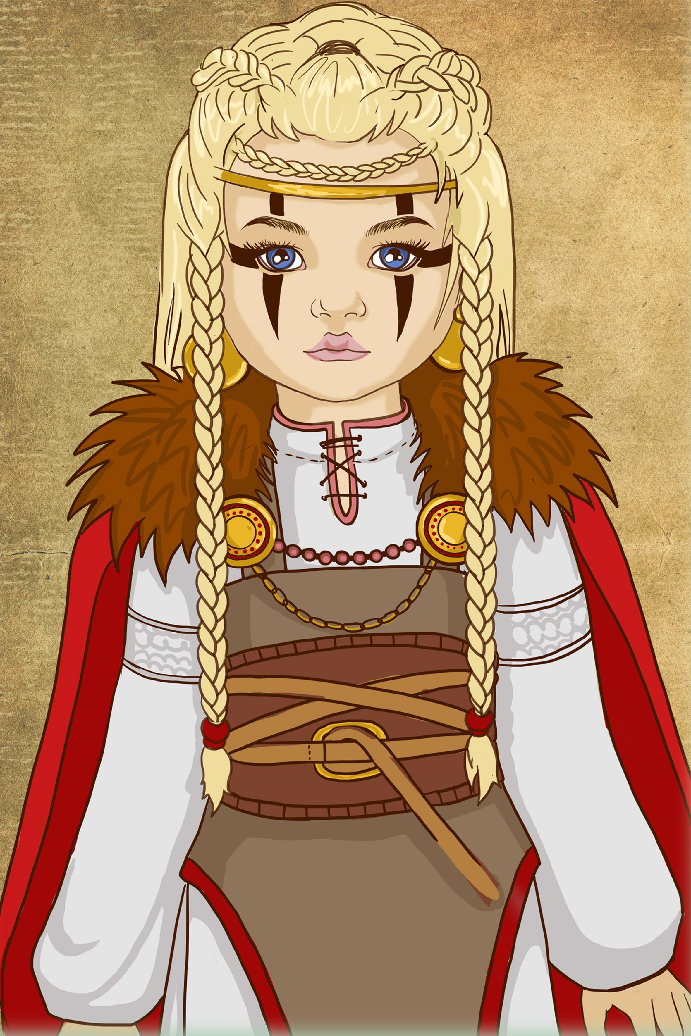 Animated character in warrior attire with braided hair and a red cape on a beige background