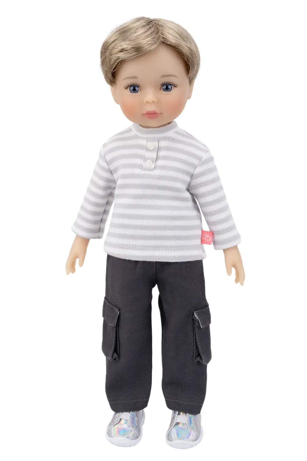 Doll wearing a striped shirt and cargo pants on a white background