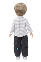 Doll wearing a striped shirt and cargo pants on a white background