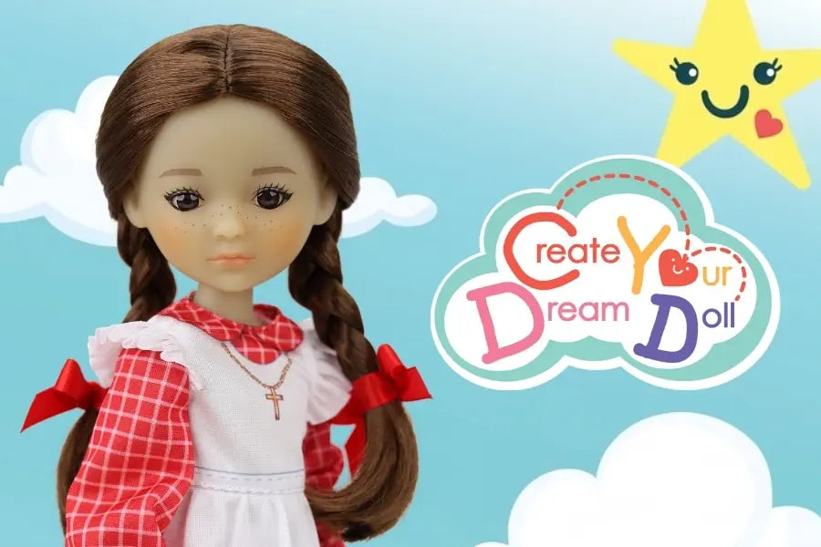 Doll with braided hair and red checkered shirt against a blue background with 'Create Your Dream Doll' logo.