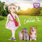 Doll named Callie with three dogs on a grassy field with trees in the background