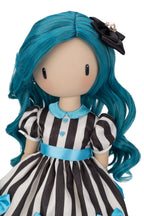 A Gorjuss doll with long turquoise-blue hair, a black bow with a pearl accent, and a black-and-white striped dress with light blue trim, shown against a plain white background.