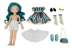 A Gorjuss doll  set displayed on a white background, including a doll with long teal hair, a black-and-white striped dress with turquoise bows and a turquoise sash, a white top, white socks with turquoise hearts, blue shoes, a black-and-white striped handbag, and small accessories.