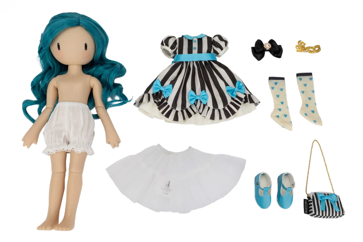 A Gorjuss doll  set displayed on a white background, including a doll with long teal hair, a black-and-white striped dress with turquoise bows and a turquoise sash, a white top, white socks with turquoise hearts, blue shoes, a black-and-white striped handbag, and small accessories.
