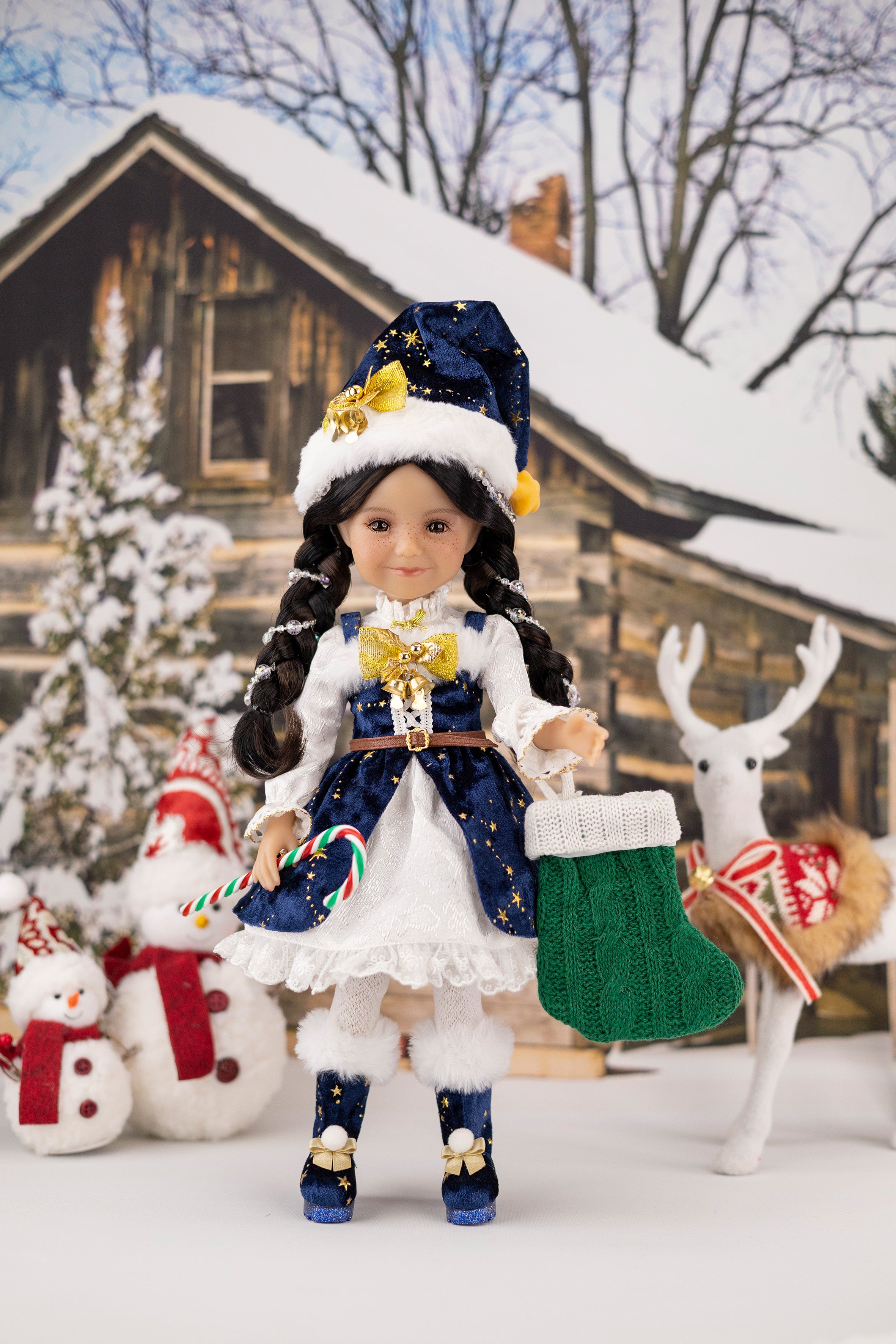 Doll in festive outfit with Christmas decorations in the background
