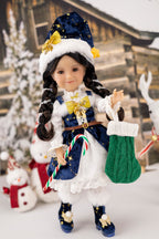 Doll in festive outfit with candy cane and green bag in holiday setting