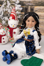 Doll in a festive outfit with candy canes and snowmen in the background