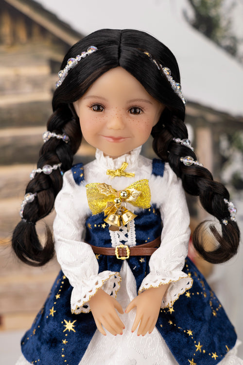 Doll with long braided hair wearing a blue and white outfit with gold accents.