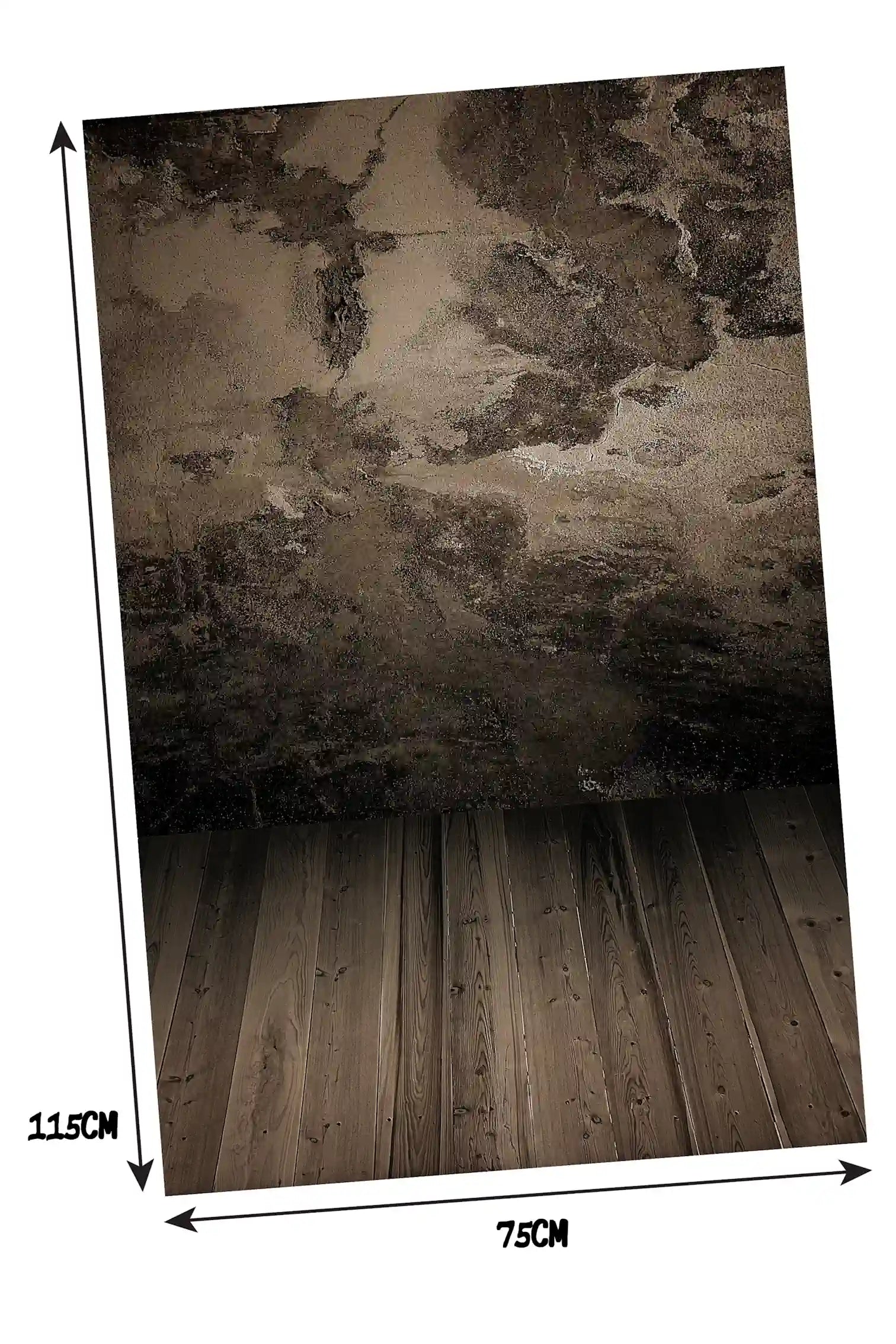 Rustic wall with textured surface and wooden floor, dimensions indicated.