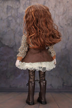 Doll with long brown hair wearing a checkered shirt, brown skirt, and black boots against a textured wall.