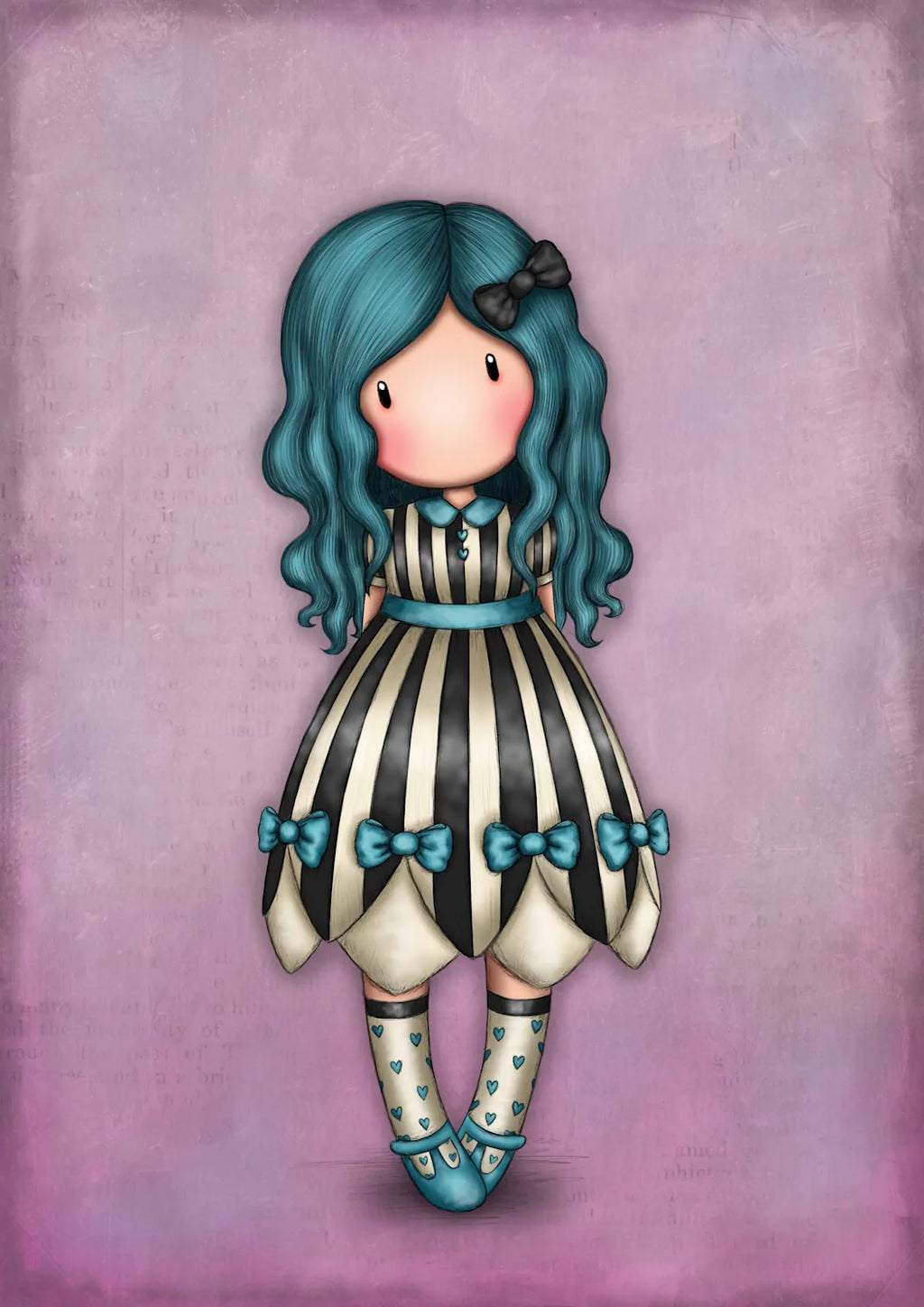 A Gorjuss doll illustration with long teal-blue hair and a black bow, wearing a black-and-white striped dress with teal bows and matching teal shoes, centered on a textured pink-lavender background.