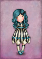 A Gorjuss doll illustration with long teal-blue hair and a black bow, wearing a black-and-white striped dress with teal bows and matching teal shoes, centered on a textured pink-lavender background.