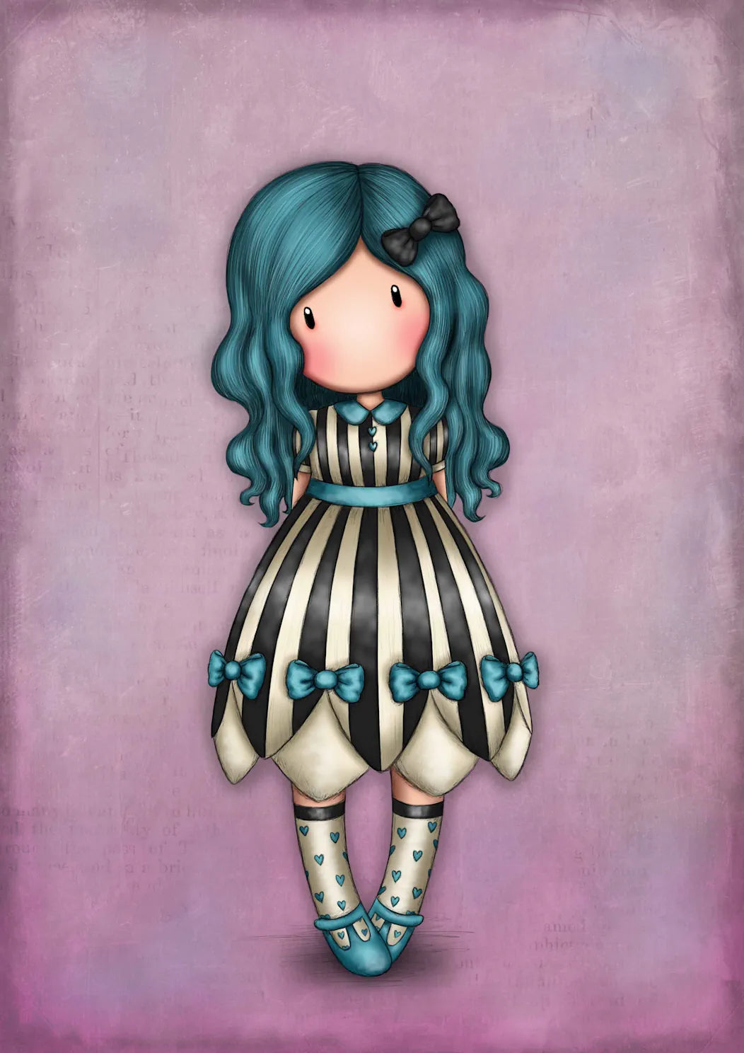 A Gorjuss doll illustration with long teal-blue hair and a black bow, wearing a black-and-white striped dress with teal bows and matching teal shoes, centered on a textured pink-lavender background.