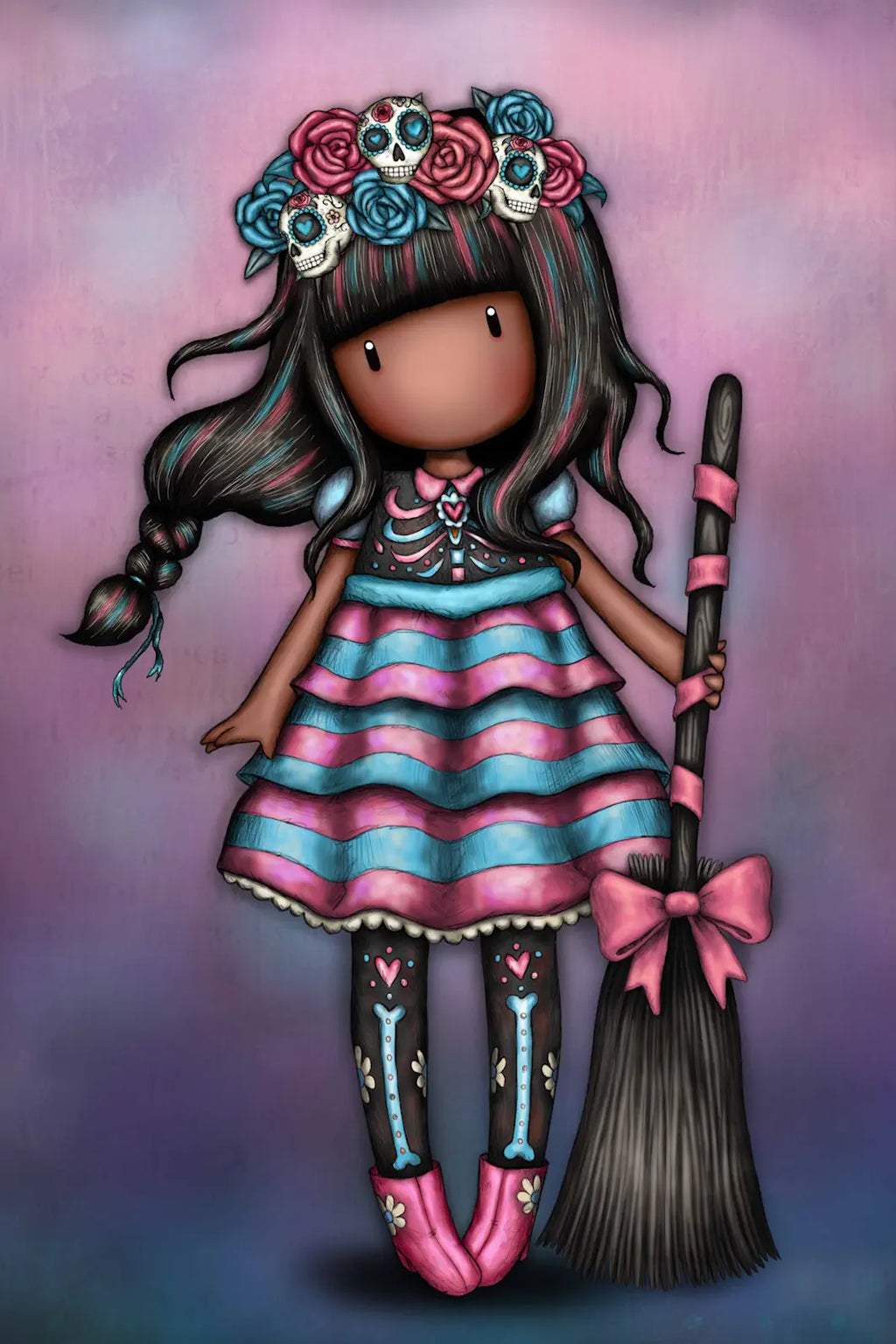 A stylized cartoon girl with long dark hair, a floral skull crown, and a pink-and-blue striped dress, holding a broomstick against a purple and blue gradient background.
