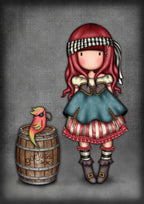 A Gorjuss character illustration of a girl with long red hair wearing a blue dress and striped headscarf, standing beside a wooden barrel with a pink and yellow parrot on top, against a textured gray background.