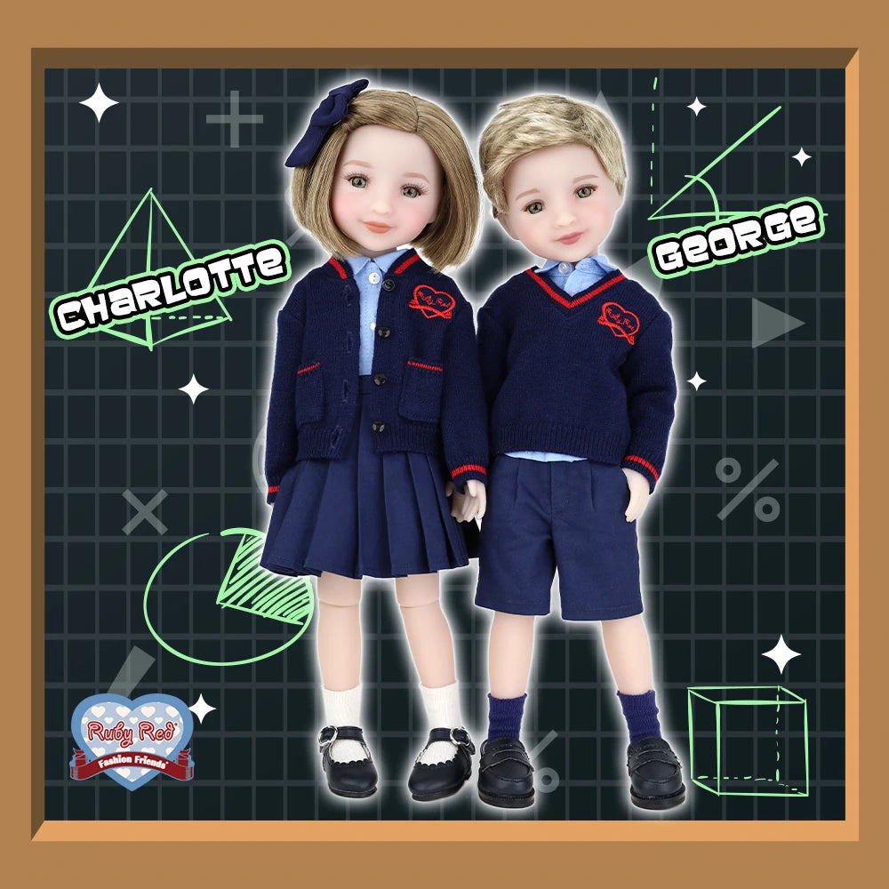 Two dolls, Charlotte and George, wearing matching school uniforms on a grid background.
