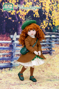 Doll with red hair and a brown coat standing outdoors with a wooden fence and trees in the background.