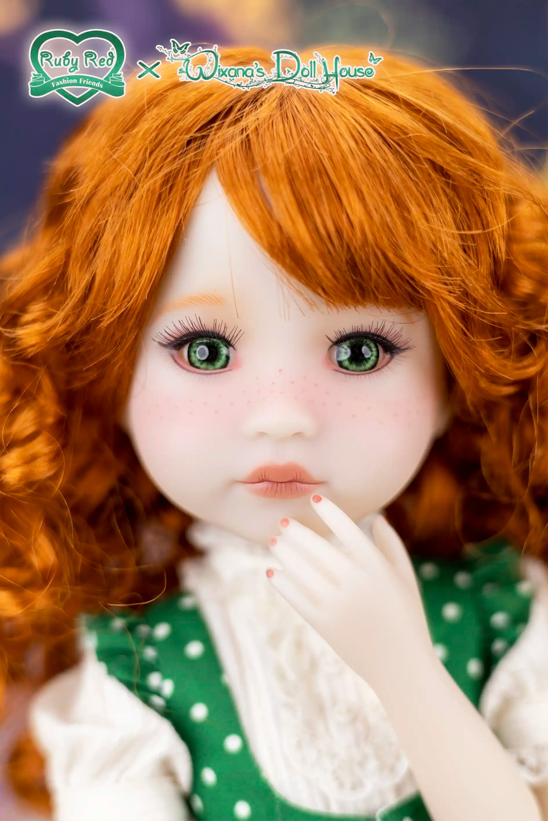 Close-up of a doll with red hair and green eyes, wearing a green dress with white polka dots.