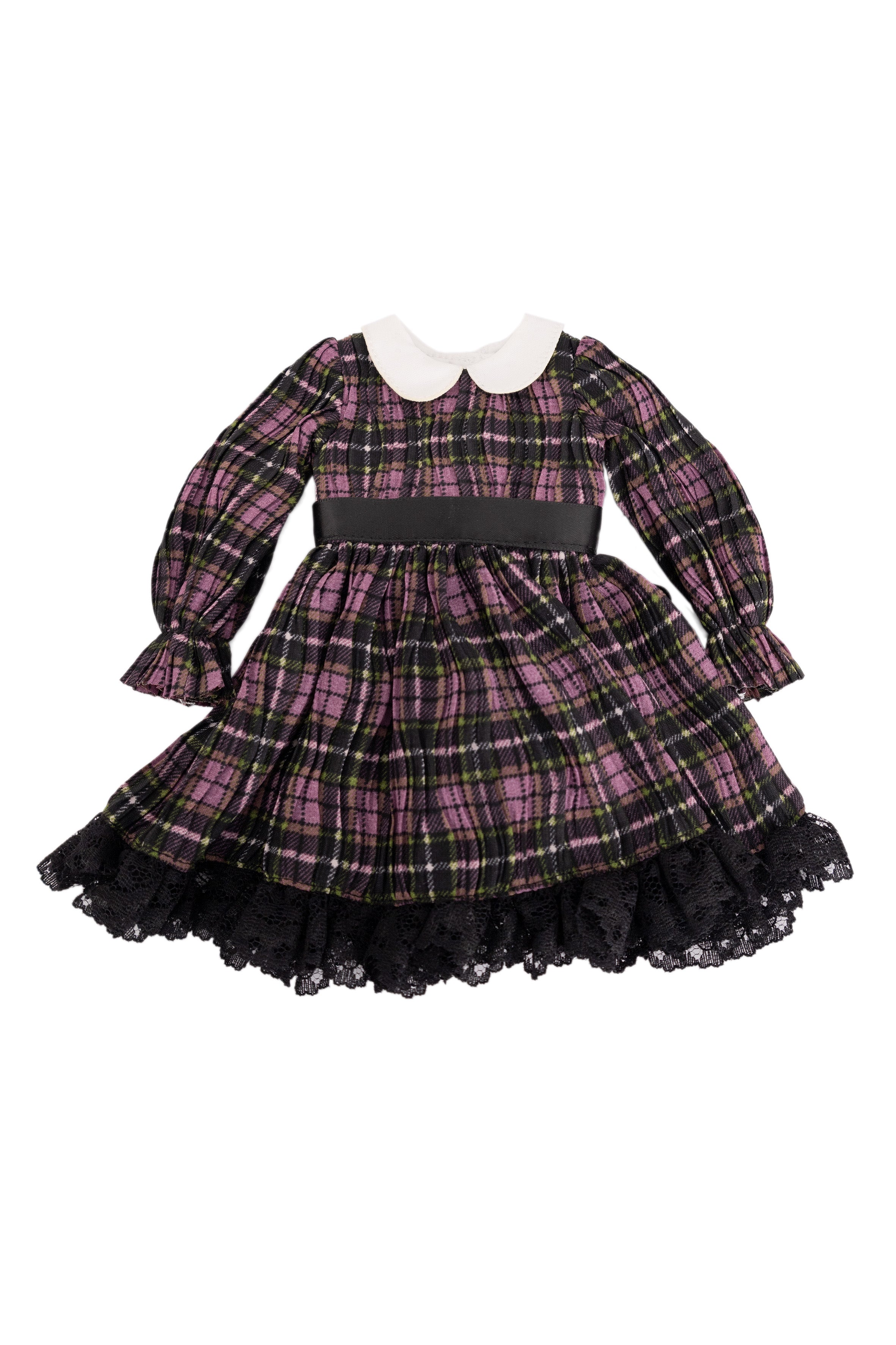 Plaid dress with black lace trim on a white background