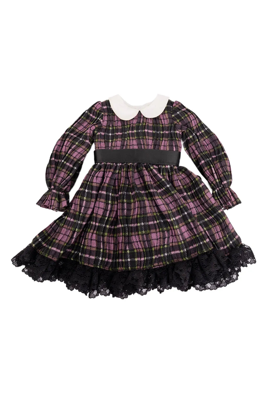Plaid dress with black lace trim on a white background