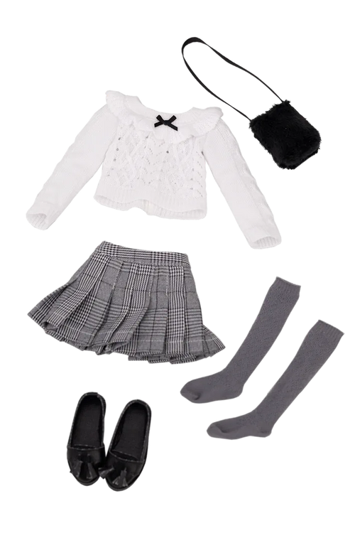 Outfit set with white blouse, plaid skirt, gray socks, and black shoes on a white background