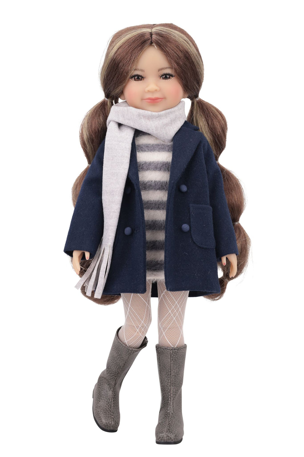 Doll wearing a navy coat, striped sweater, and gray boots on a white background