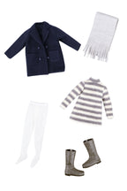 Navy coat, striped sweater, white tights, gray boots, and scarf on a white background