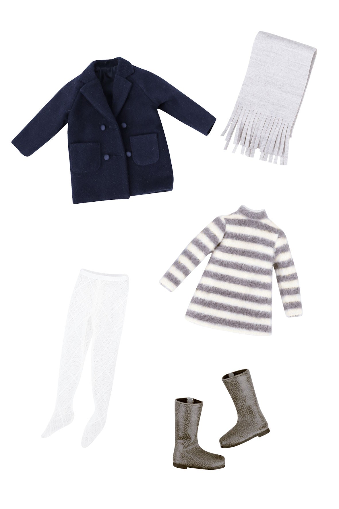 Navy coat, striped sweater, white tights, gray boots, and scarf on a white background