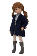 Doll wearing a navy coat, striped shirt, and gray boots on a white background