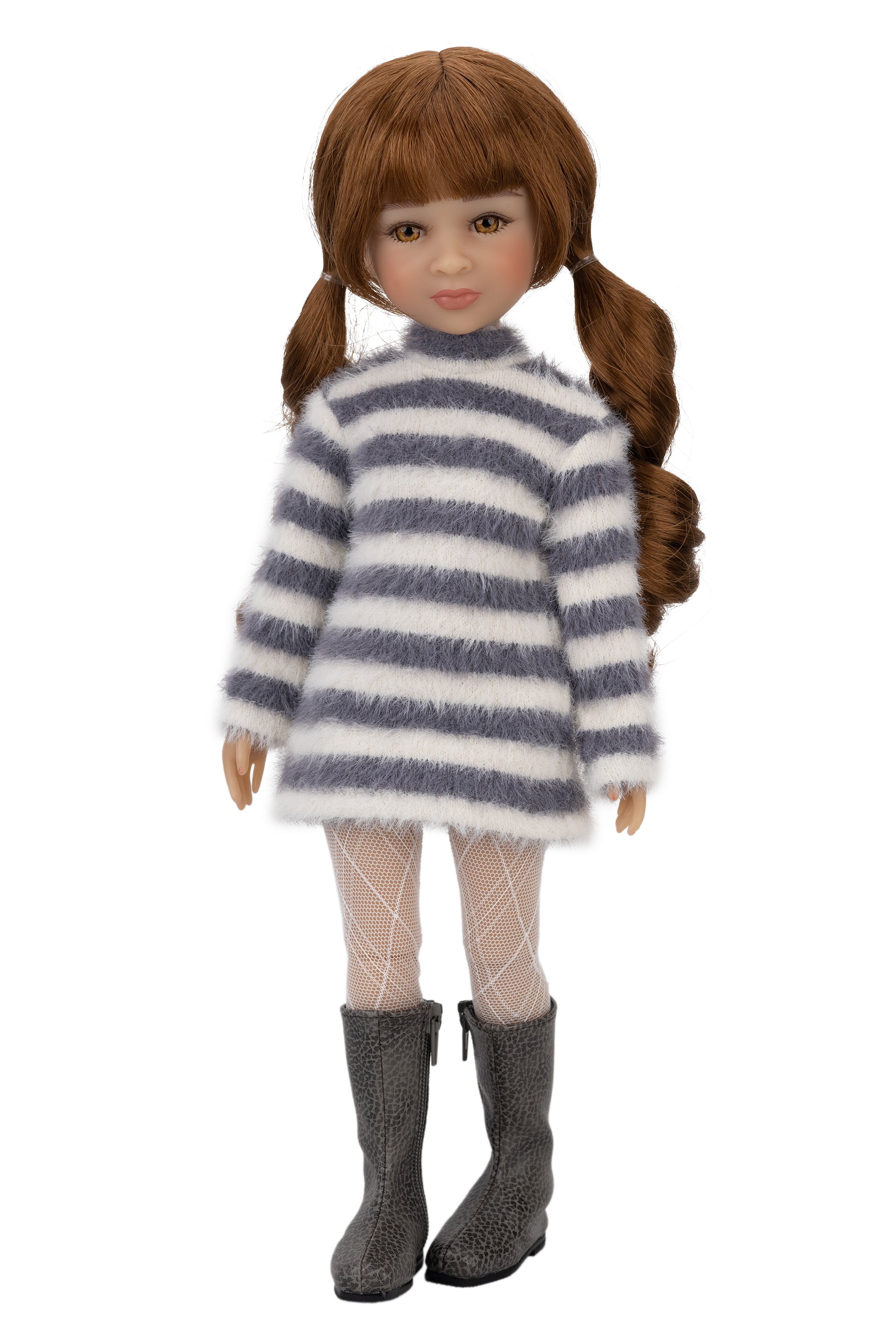 Doll wearing a striped sweater and rain boots on a white background