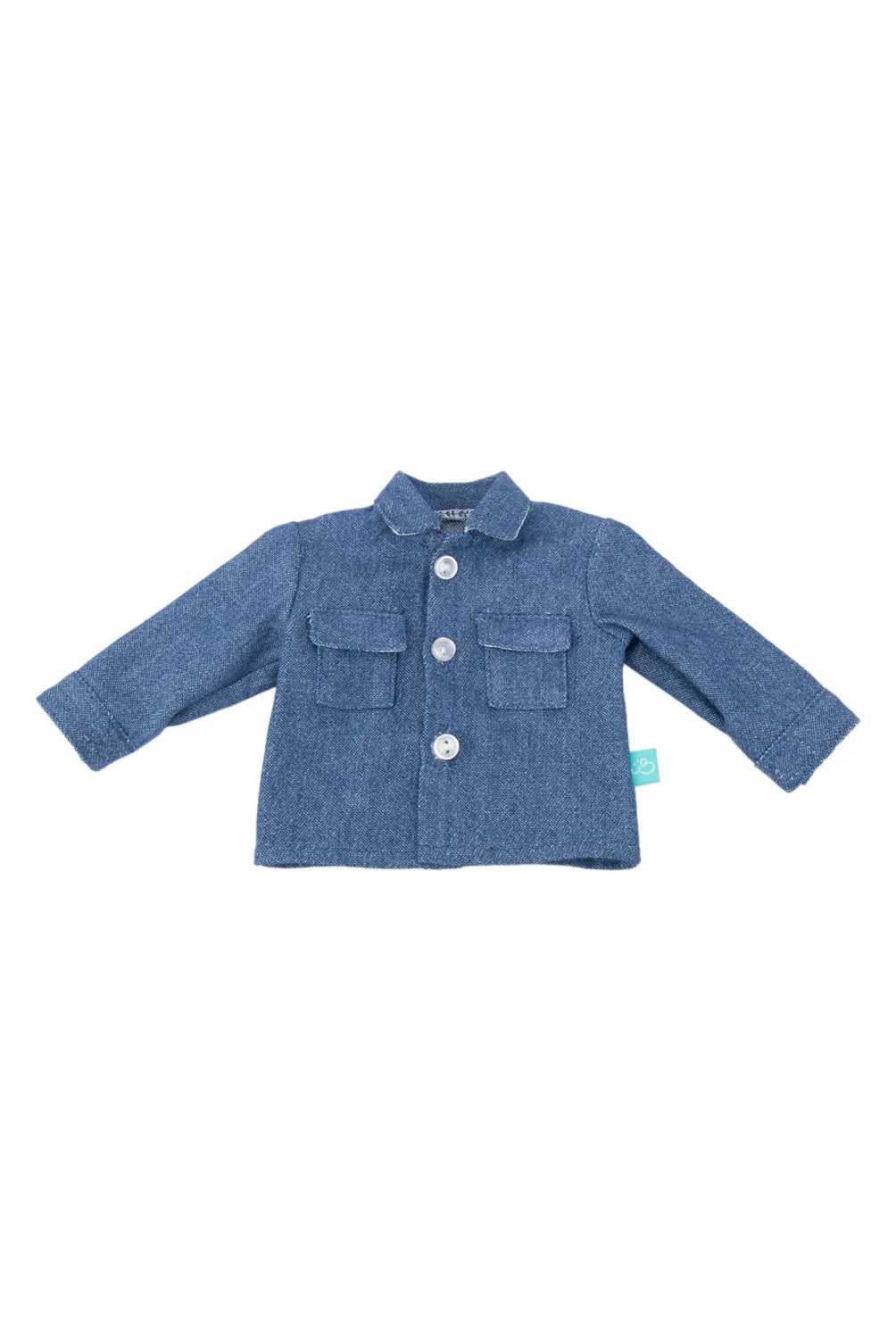 Blue denim doll jacket on a white background