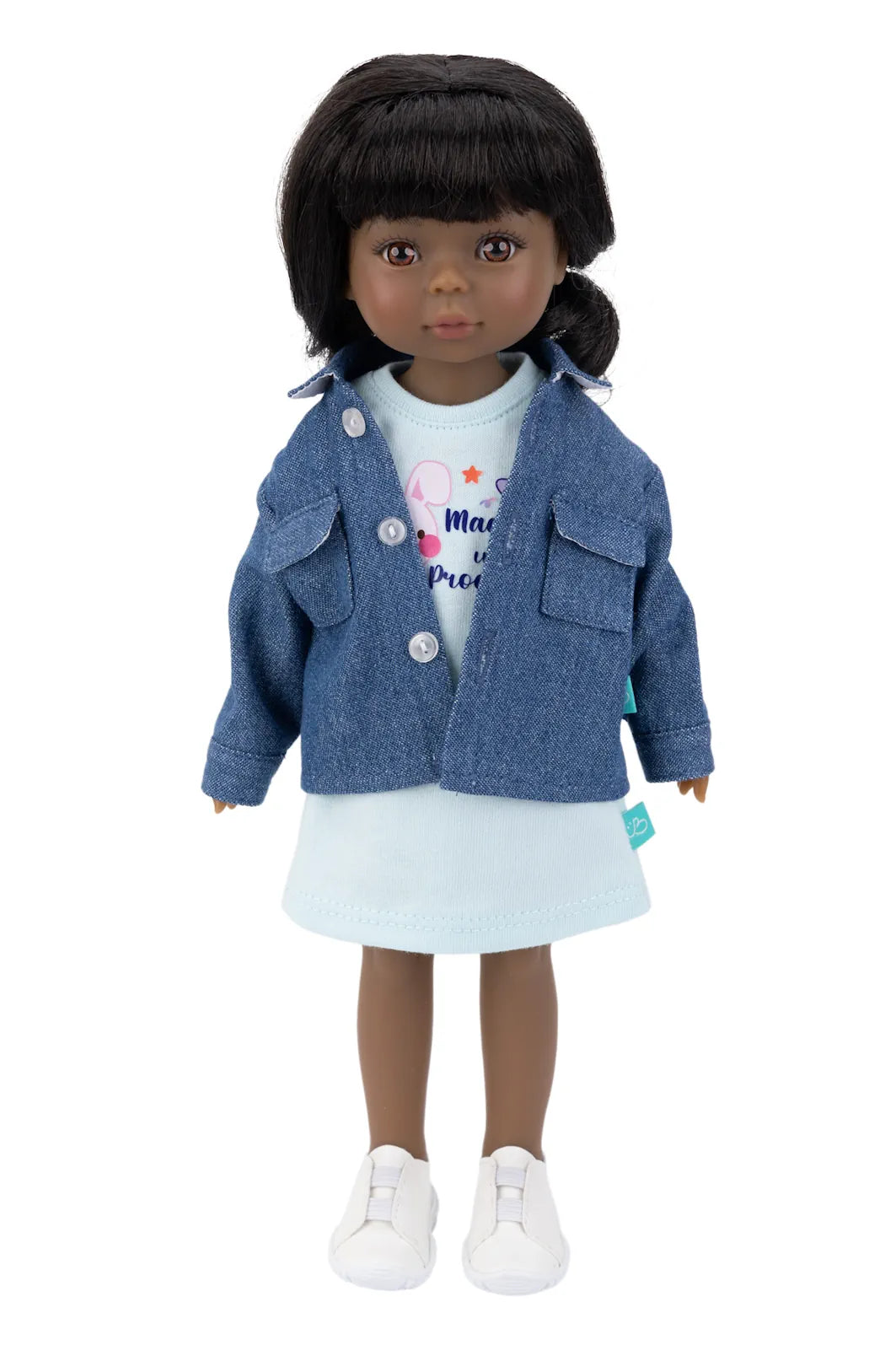 Doll wearing a blue denim jacket and white shirt on a white background