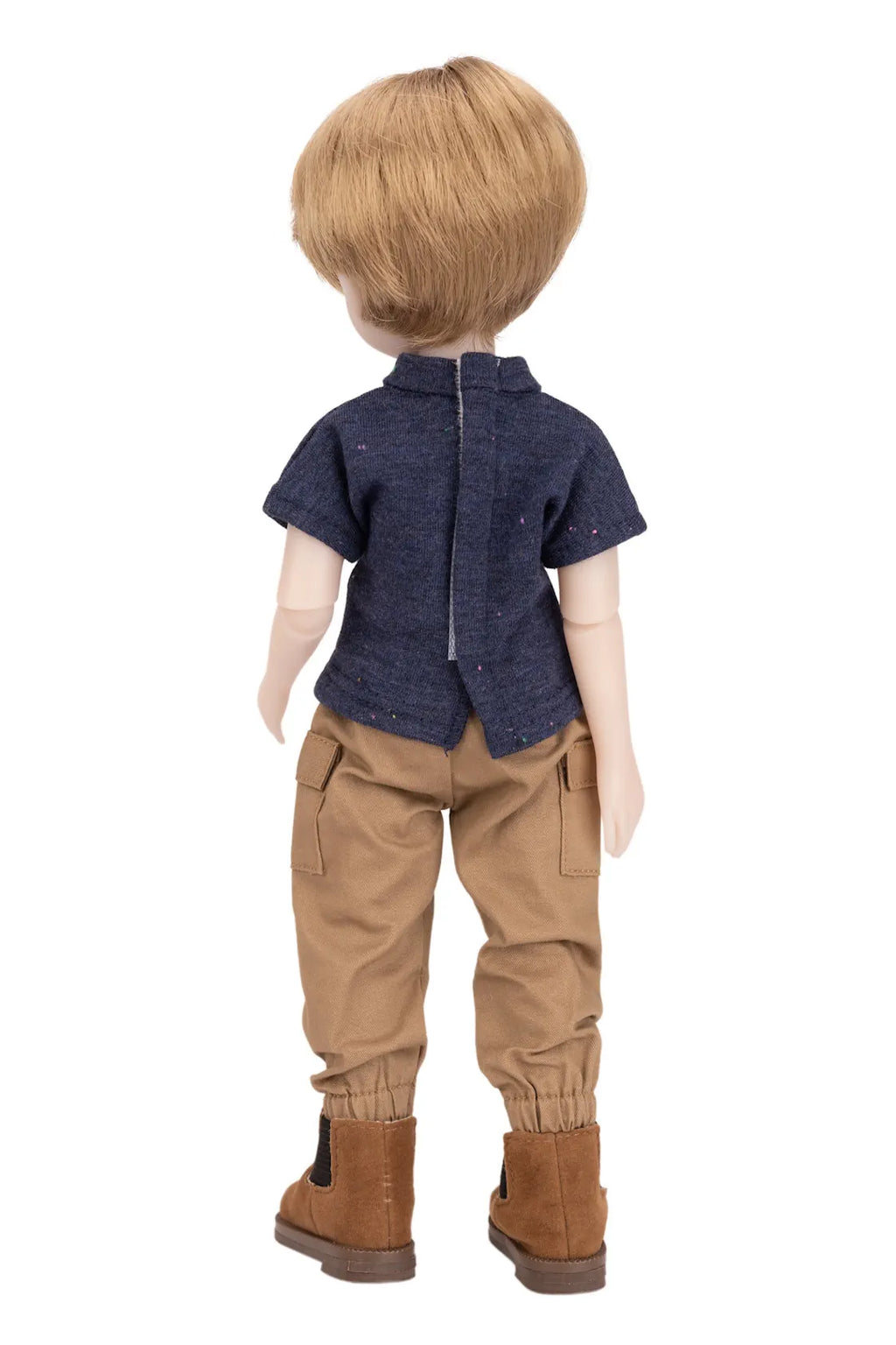 Doll wearing a blue shirt, brown pants, and brown boots on a white background